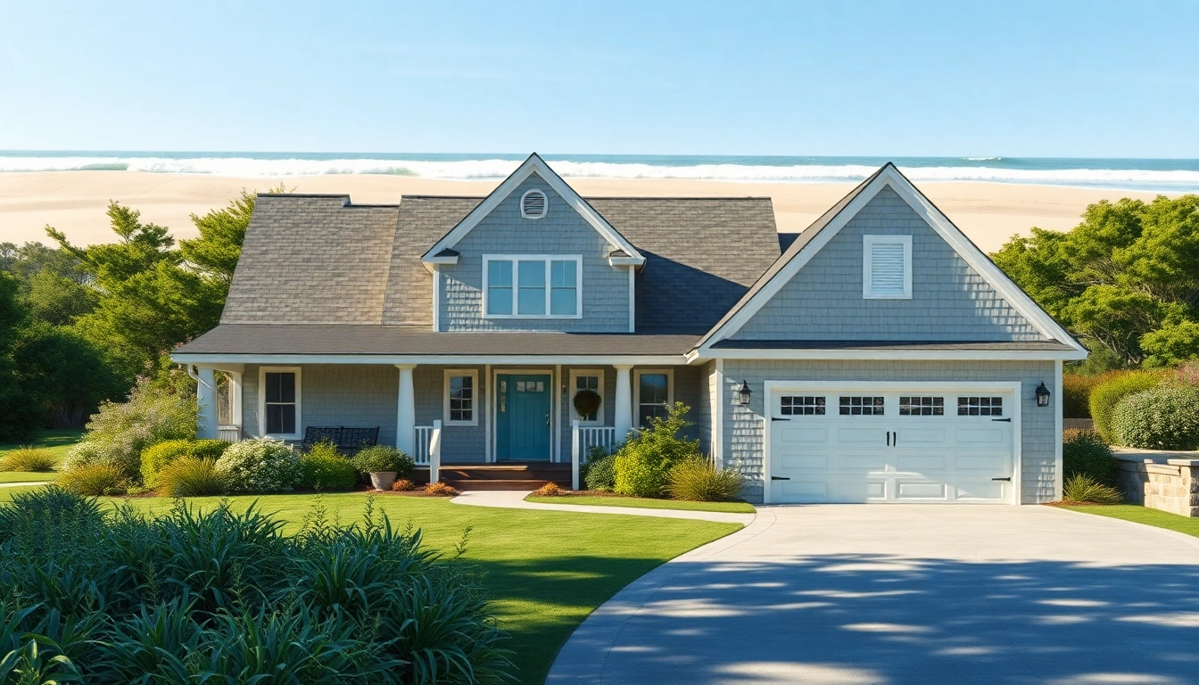 Beautiful cape cod home with attached garage surrounded by serene coastal landscape.