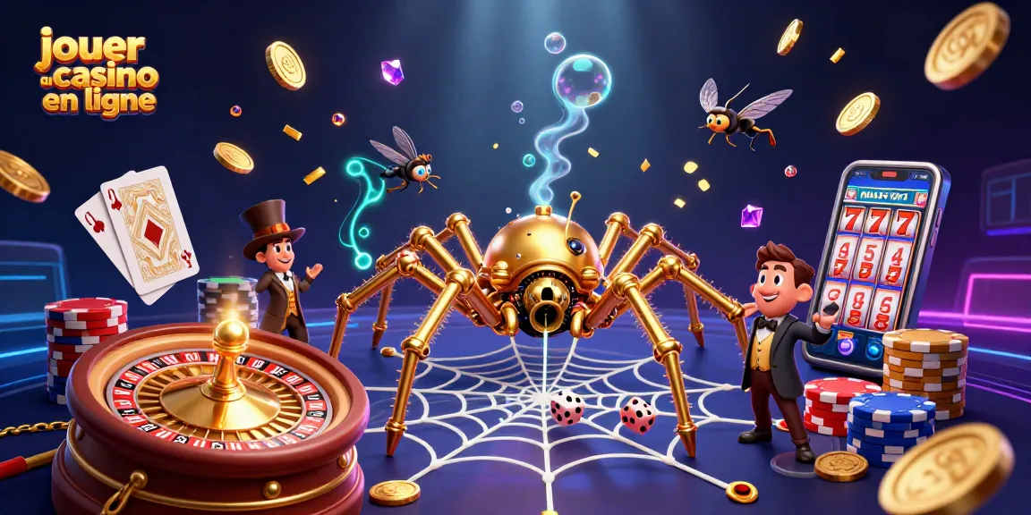 Jouer au casino en ligne à travers une illustration 3D colorée avec une araignée steampunk et des éléments de jeux.
