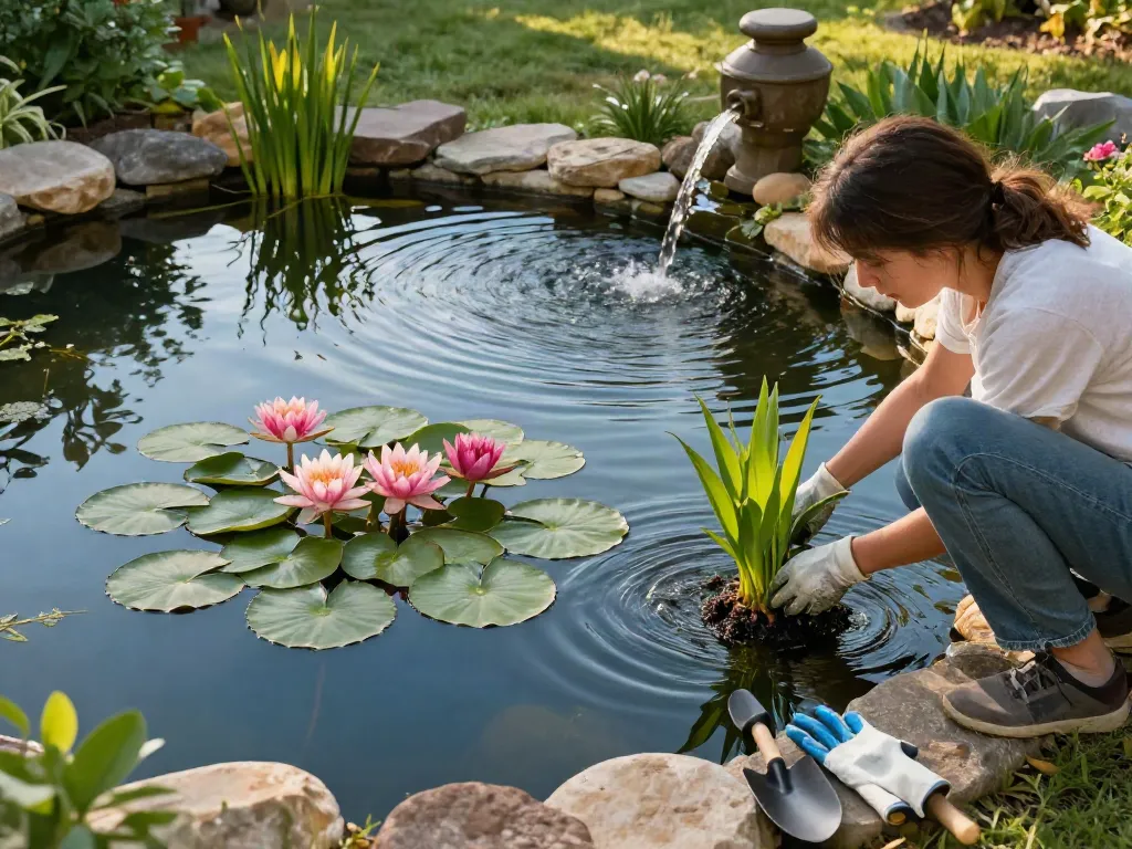 Buy Pond Plants Online as a homeowner plants vibrant water lilies near serene pond.