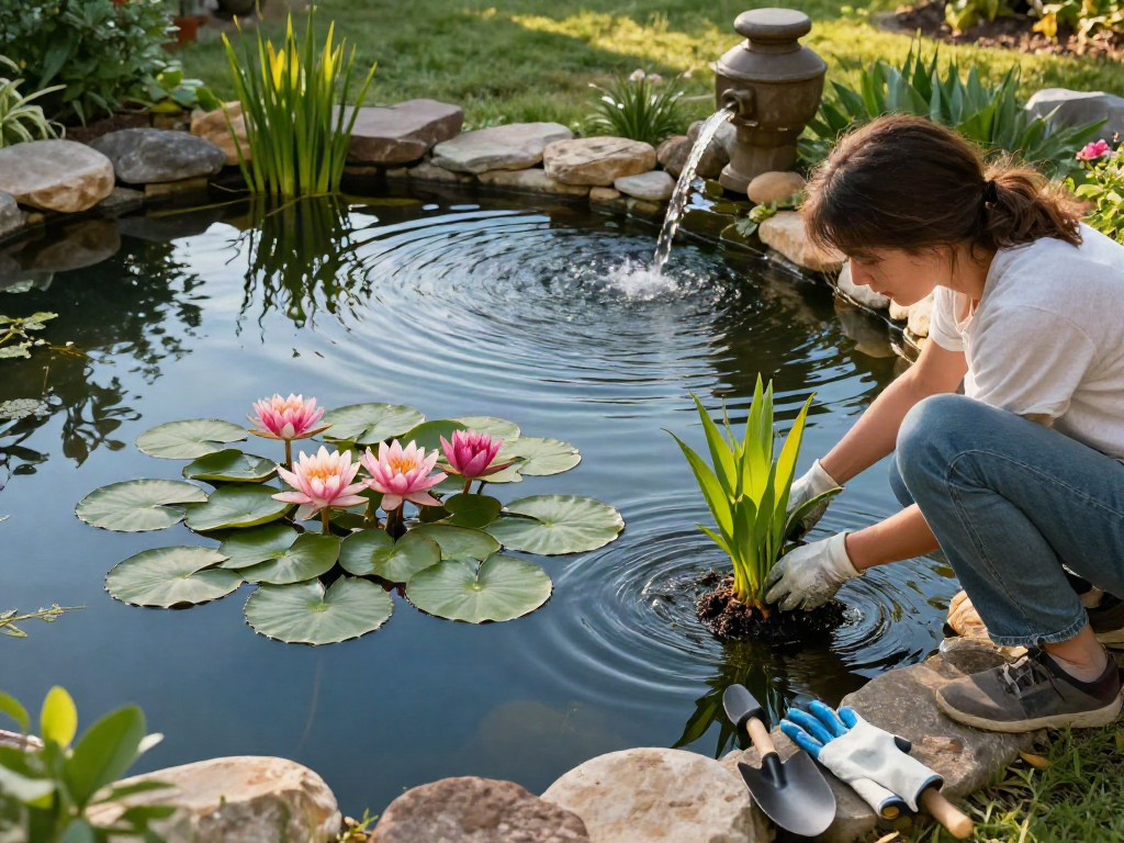 Buy Pond Plants Online as a homeowner plants vibrant water lilies near serene pond.