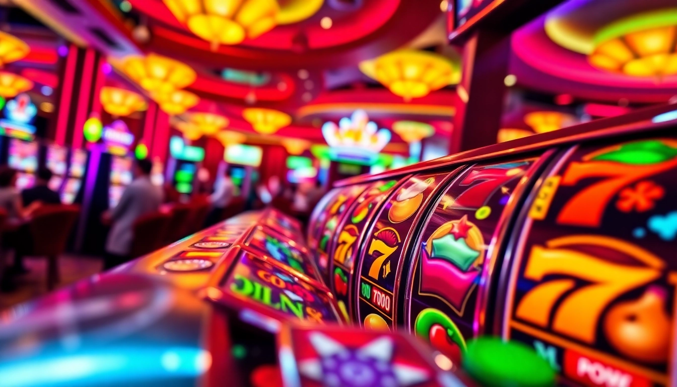 Permainan slot online yang berwarna-warni dengan simbol menarik dan suasana kasino yang hidup.