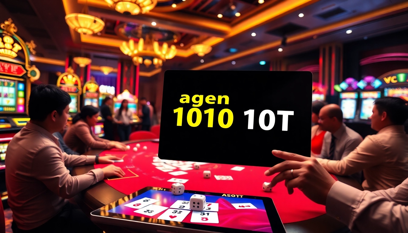 Engaged players at a casino table enjoying agen toto slot games amidst vibrant lights and excitement.