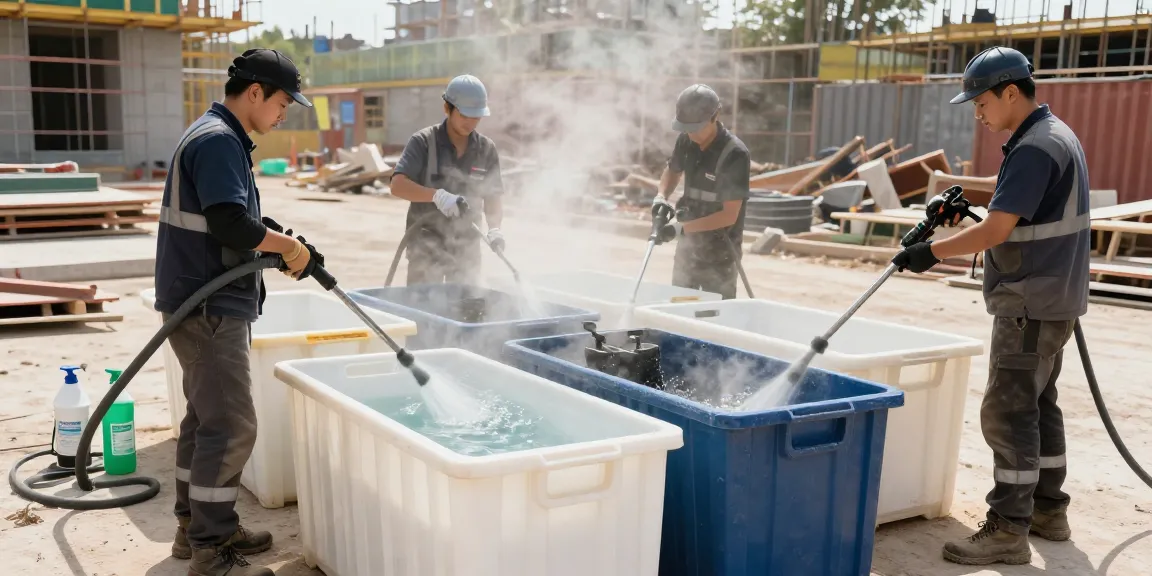 Containerreinigung auf einer Baustelle mit Reinigungsteam, Hochdruckreinigern und umweltfreundlichen Reinigungsmitteln.