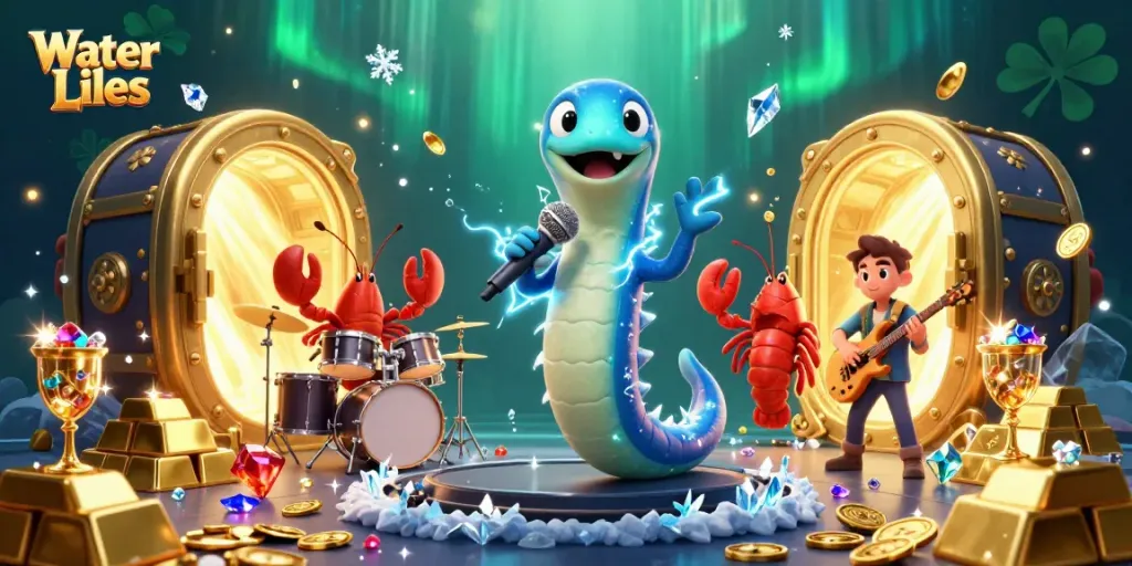 Experience Water Lilies dancing in an underwater casino vibe with electric eel DJ and vibrant riches.