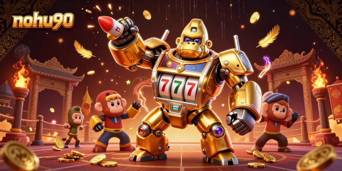 Experience thrilling jackpots at nohu90 with a dynamic 3D golden gorilla mech surrounded by casino elements.