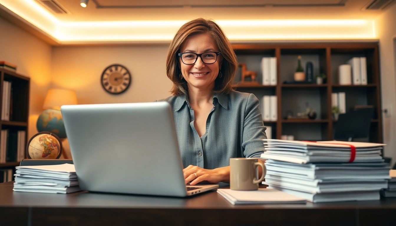 Traduzione giurata process featuring a professional translator in an inviting office environment.