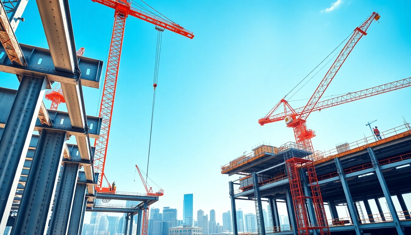Showcasing structural steel construction with beams and cranes in an active work environment.