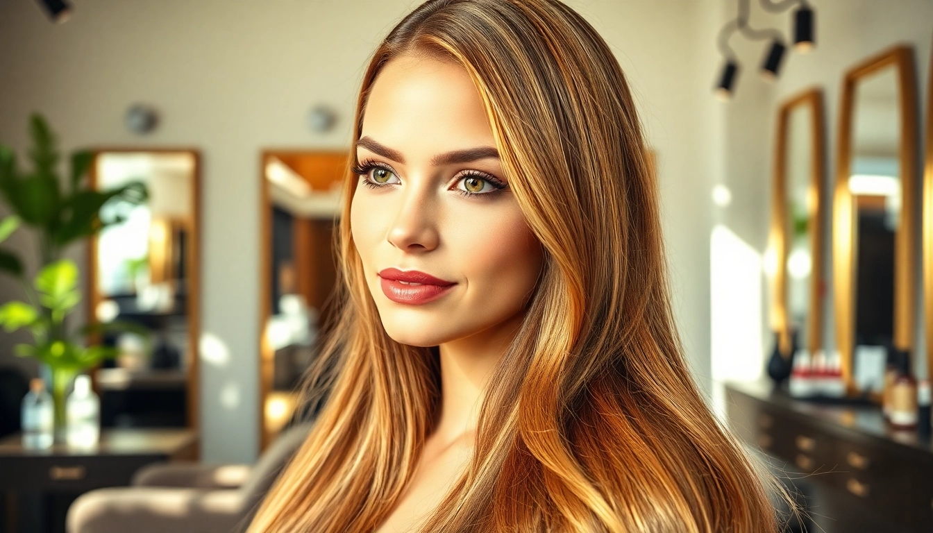 Model demonstrating genius weft hair extensions in a bright salon, showcasing seamless integration.