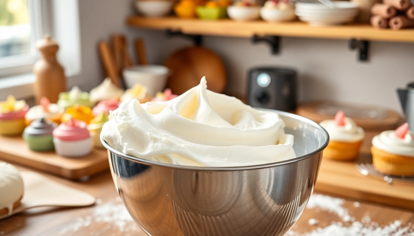 Maak mousselinecrème in een gezellige keuken met luchtige textuur en kleurrijke snacks op de achtergrond.