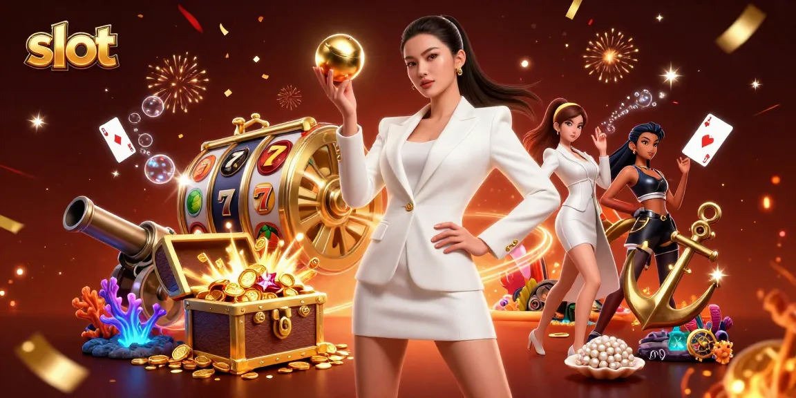 Spin the slot reels for big wins with an elegant character surrounded by casino elements.