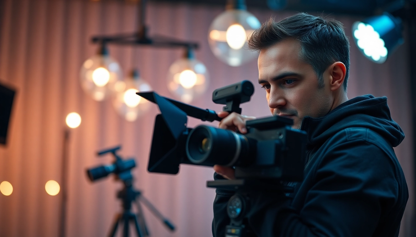 Videographer adjusting camera equipment in a professional studio setting to capture stunning visuals.