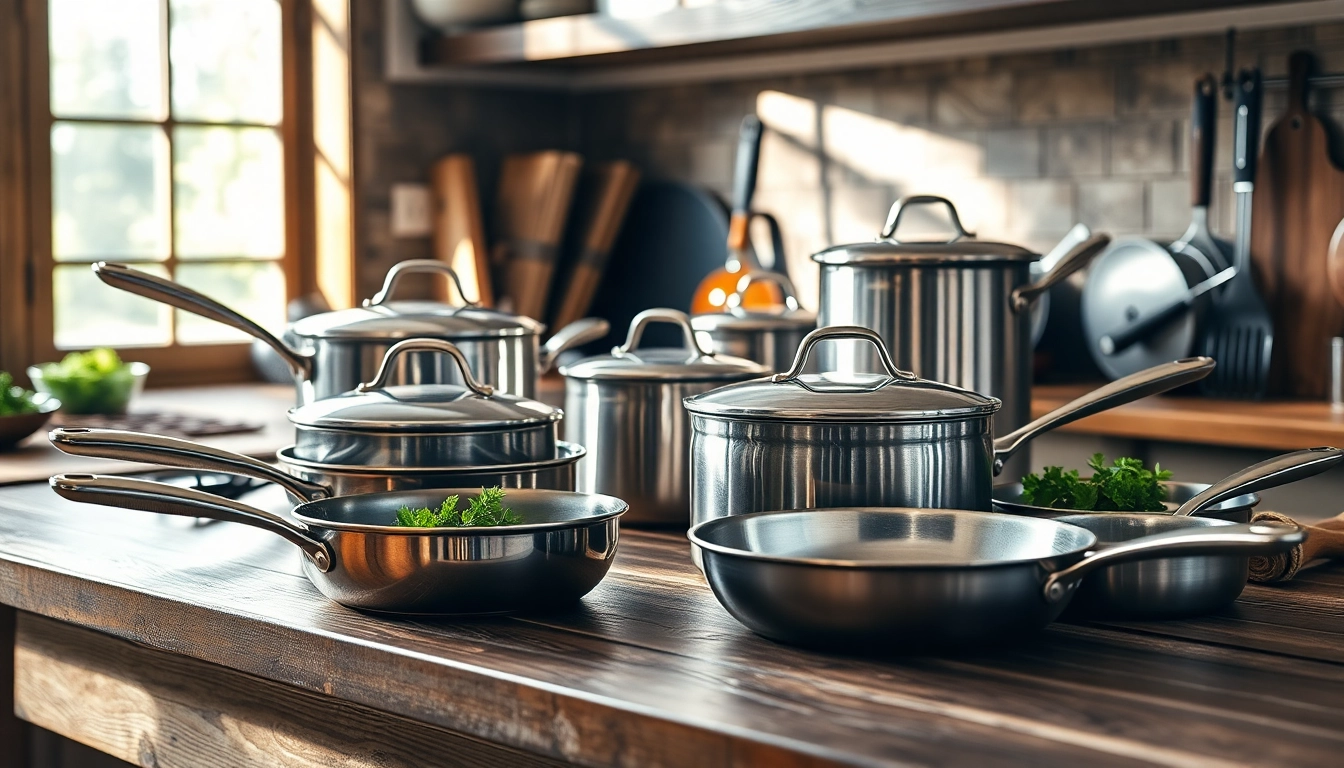 Showcase of cookware set highlighting various pots and pans on a kitchen counter.