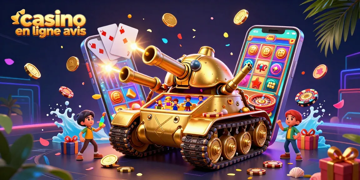 Casino en ligne avis : illustration 3D dynamique d'une scène de casino amusante avec un tank doré et des jeux colorés.