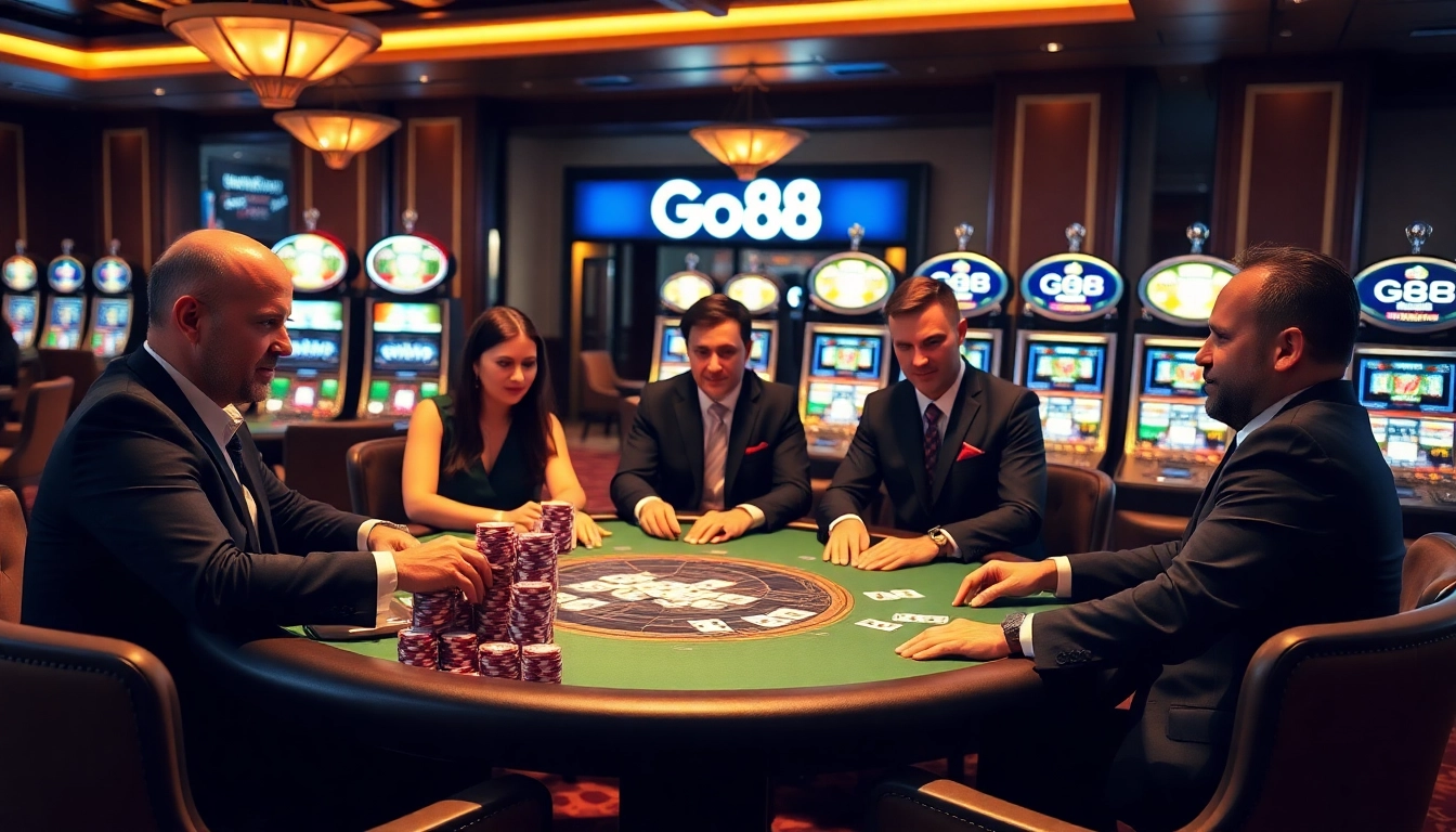 Go88 offers exciting chip-stacking moments at a poker table in a luxurious casino environment.