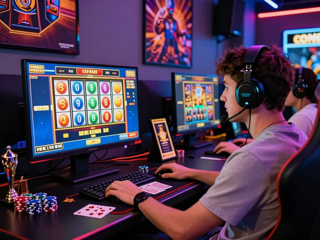 Suasana menarik dari perjudian online dengan antarmuka permainan slot gacor hari ini dan pemain yang bersemangat dalam pengaturan permainan yang cerah