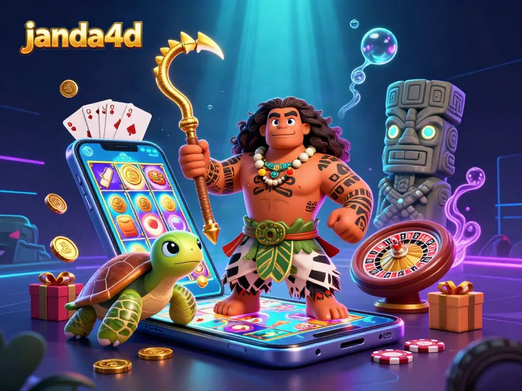 Menangkan permainan slot di janda4d dengan ilustrasi penuh warna dan elemen casino yang menarik.
