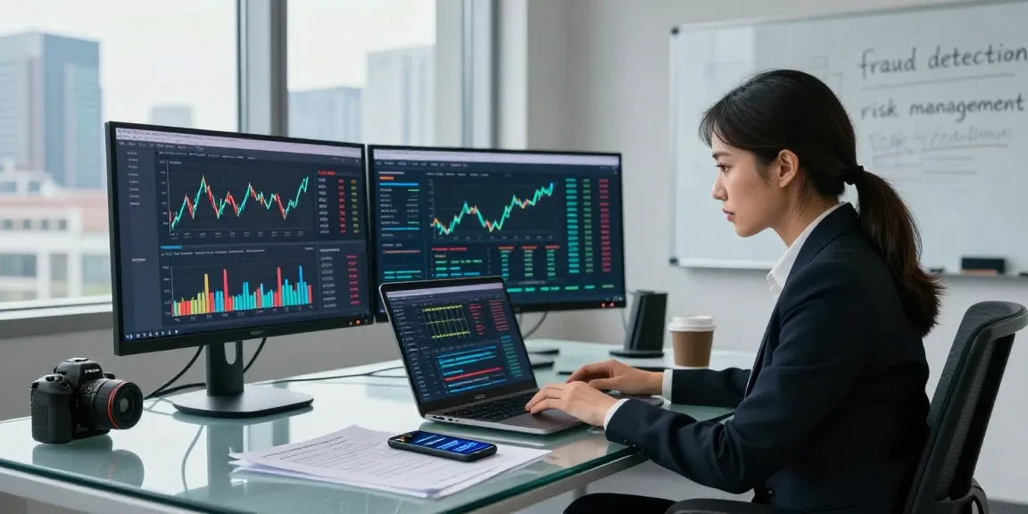 Analyzing financial crime intelligence in a modern office with graphs and data on multiple screens.