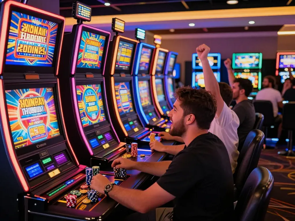Players enjoying a thrilling gaming experience at a casino with slot gacor hari ini machines, vibrant ambiance, excitement, and energy.