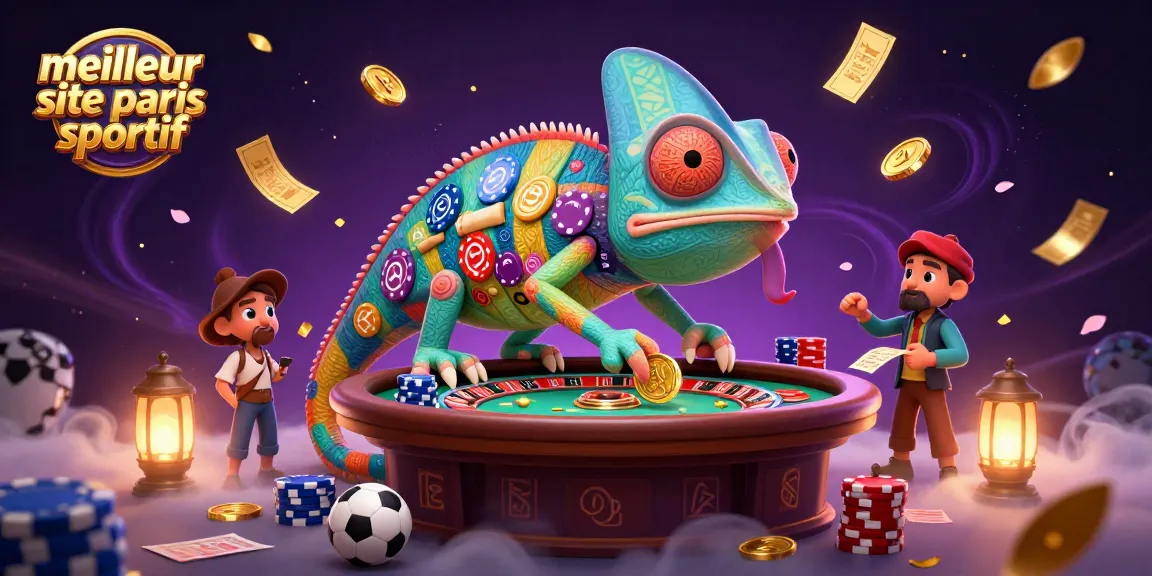 Visualisez le meilleur site de paris sportif avec une scène dynamique de paris sportifs et un caméléon coloré.