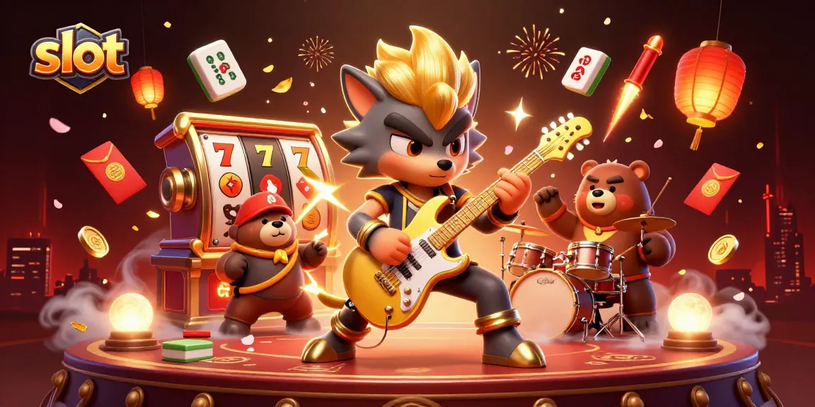 Engaging slot gaming scene featuring rock star wolf and drummer bear amidst spinning reels and vibrant symbols.