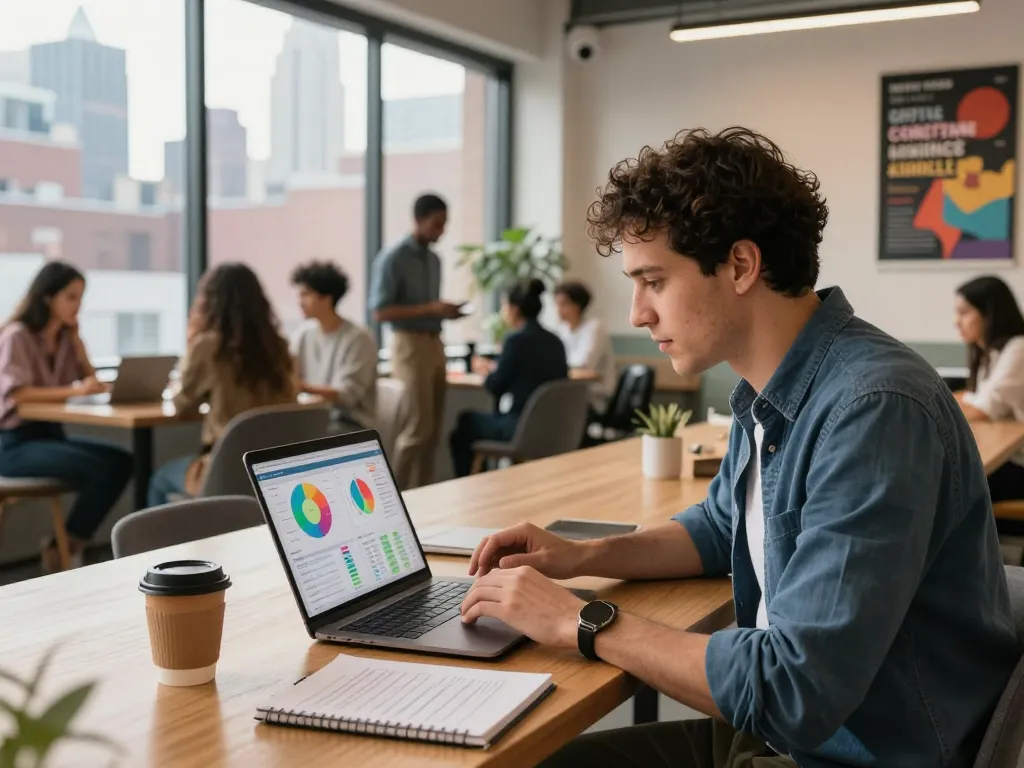 SEO expert analyzing data on laptop in NYC co-working space, showcasing New York SEO Services.