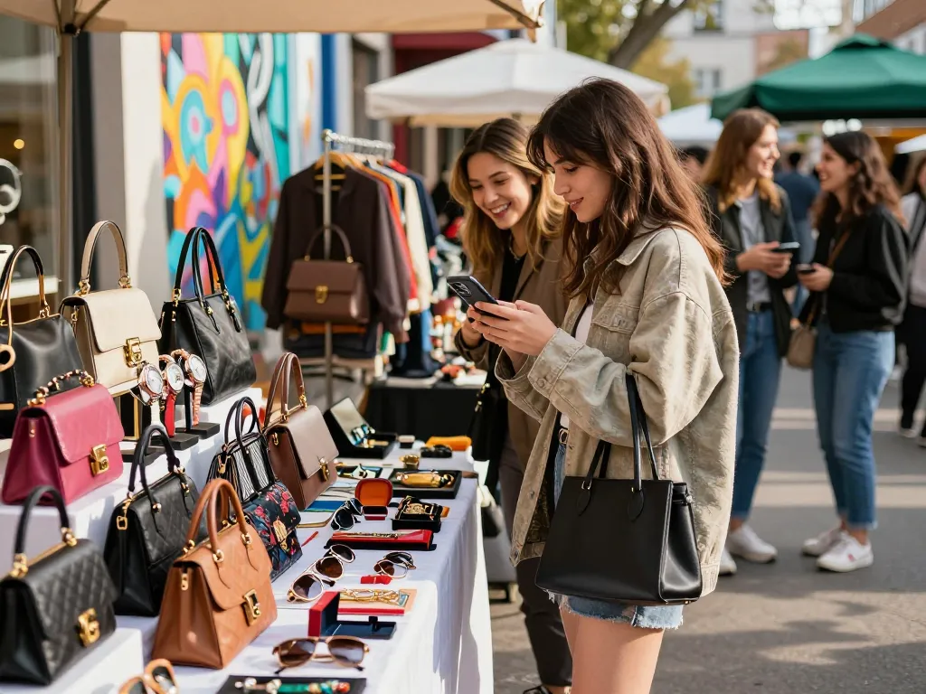 Shopping for premium replicas at a 레플리카 사이트 in a vibrant outdoor market, stylish atmosphere, luxury items on display.