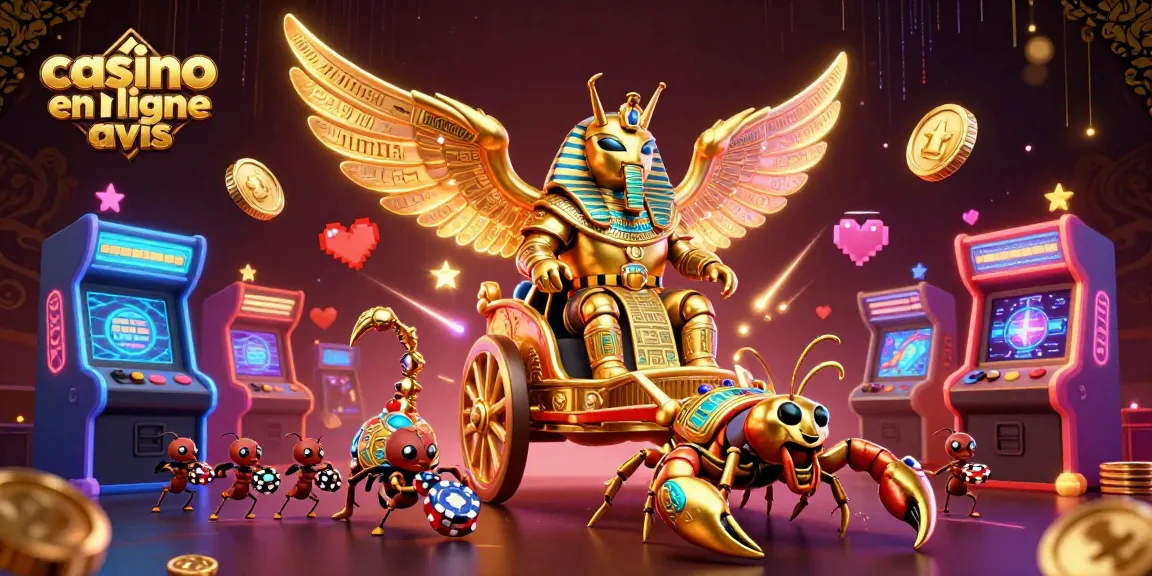 Découvrez casino en ligne avis avec un scarabée doré et des machines à sous colorées dans un monde de jeux.
