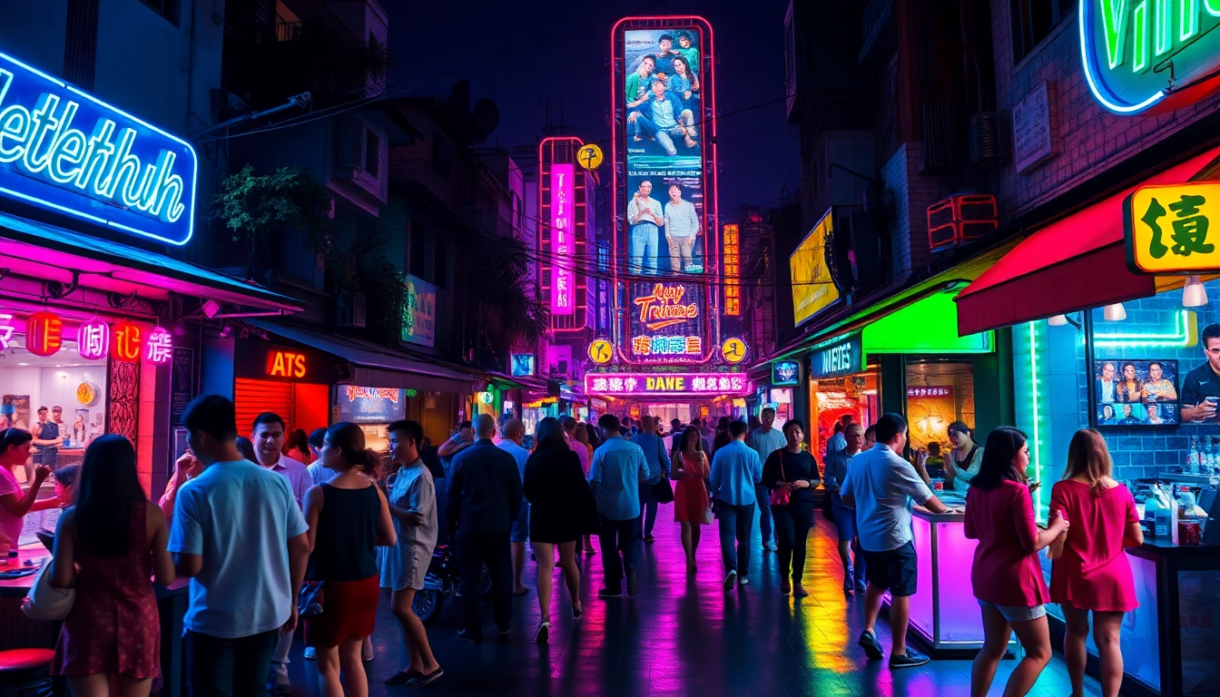 Vibrant 호치민밤문화 scene showcasing lively nightlife with colorful lights and people enjoying themselves.