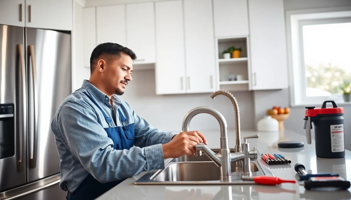 Find trusted plumber near me fixing a faucet in a modern kitchen.