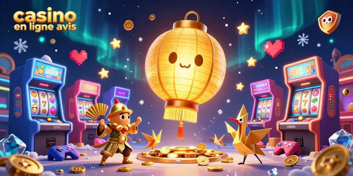 Casino en ligne avis : illustration animée d'un esprit en lanterne dorée au-dessus d'un casino, entouré de machines à sous.