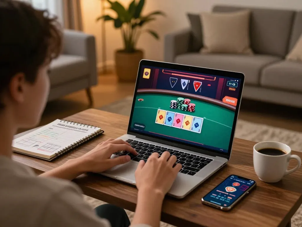 Engaging player using laptop for Canada online casinos reddit in a cozy home setting, showcasing strategic gameplay.