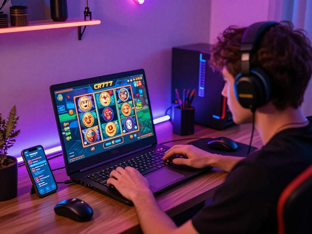 Pemain menikmati permainan slot online CR777 di sudut gaming yang nyaman dengan pencahayaan neon.
