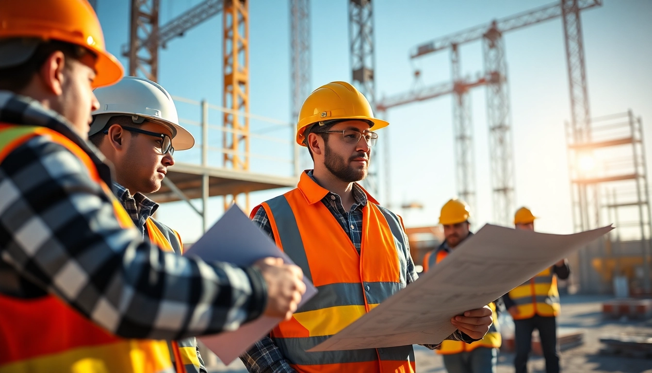 Workers engaged in construction safety programs with vibrant gear and active site dynamics.
