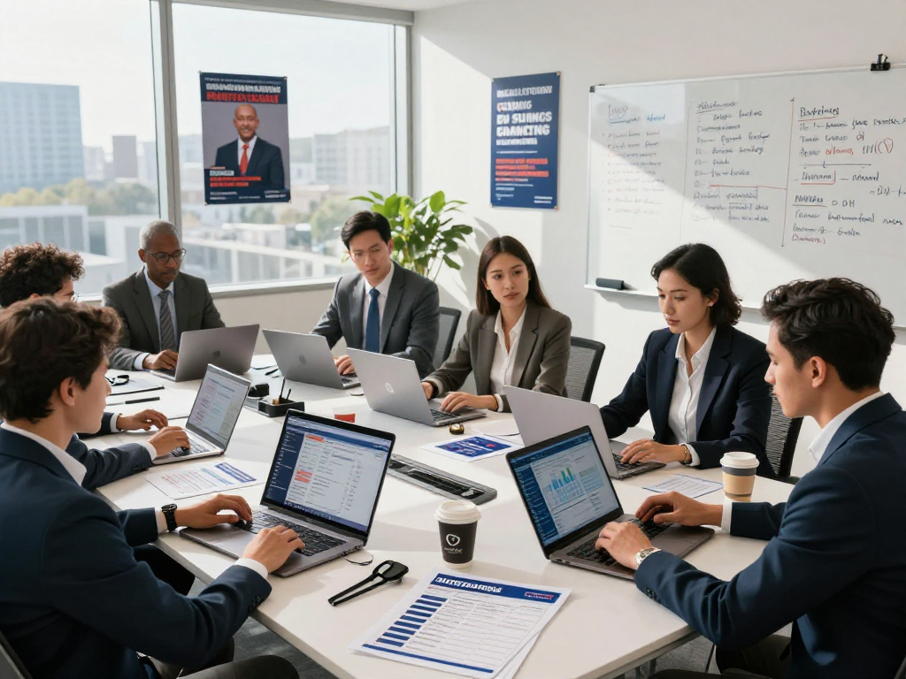 Team strategizing on TV ad buying for campaigns in a modern office