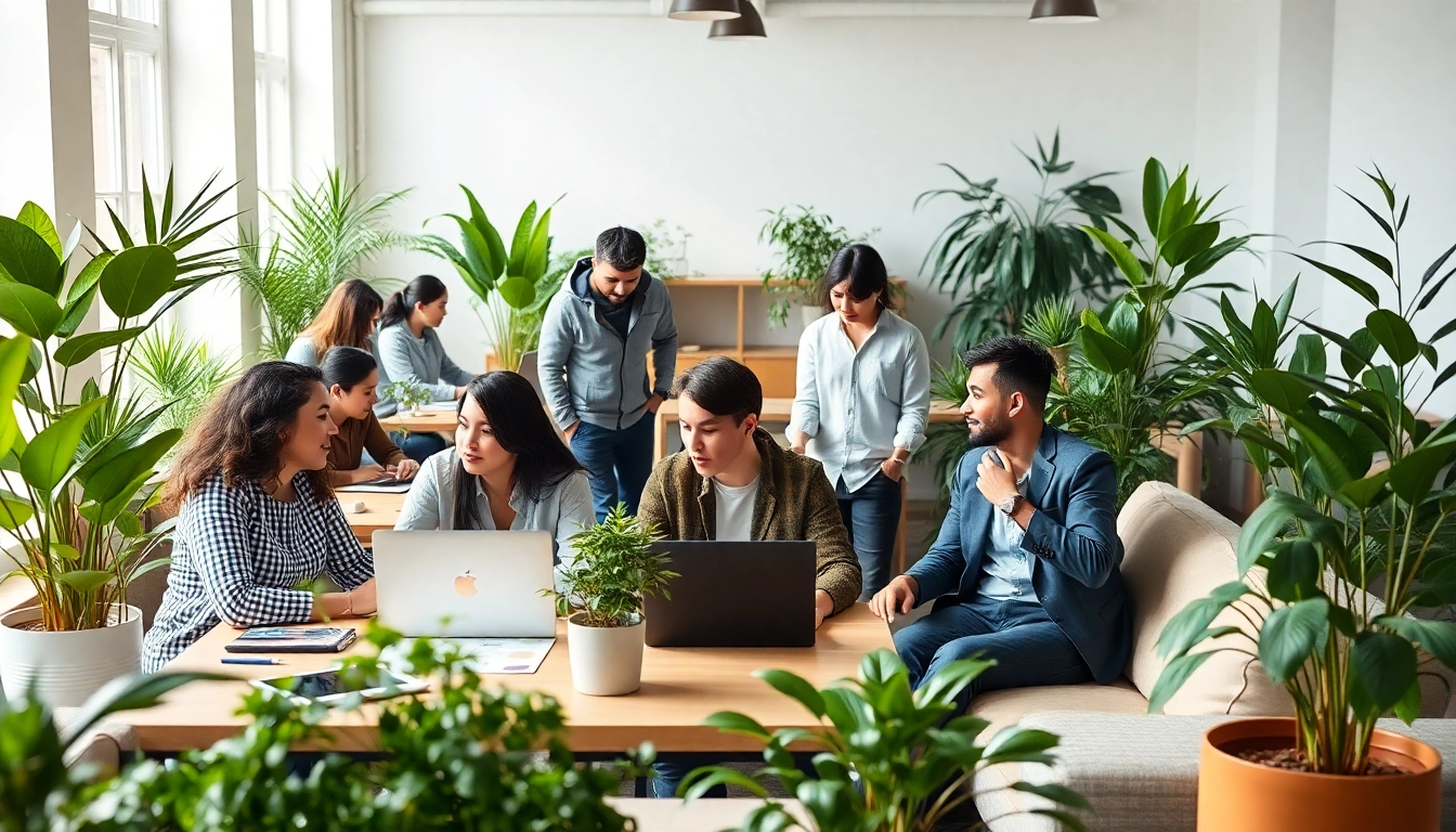 People engaging in small business jobs in a modern co-working space, showcasing collaboration.