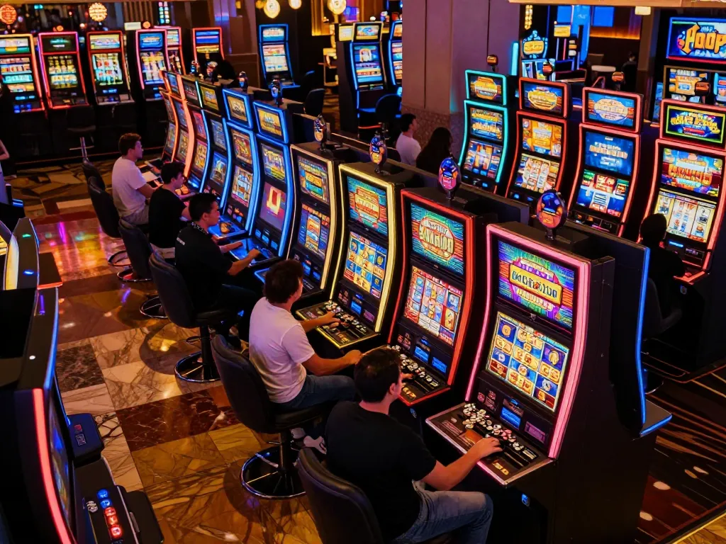 Players celebrating wins at a vibrant slot machine area in a bustling casino