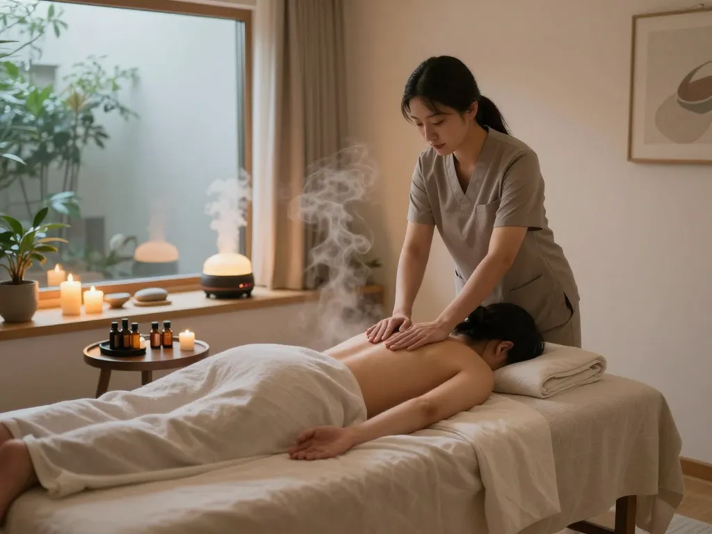 신사동마사지 session in a tranquil studio with soothing ambiance and essential oils.