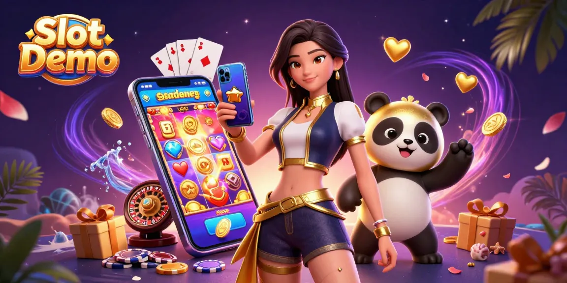 Play Slot Demo with an Asian woman and golden panda mascot in an engaging casino scene.
