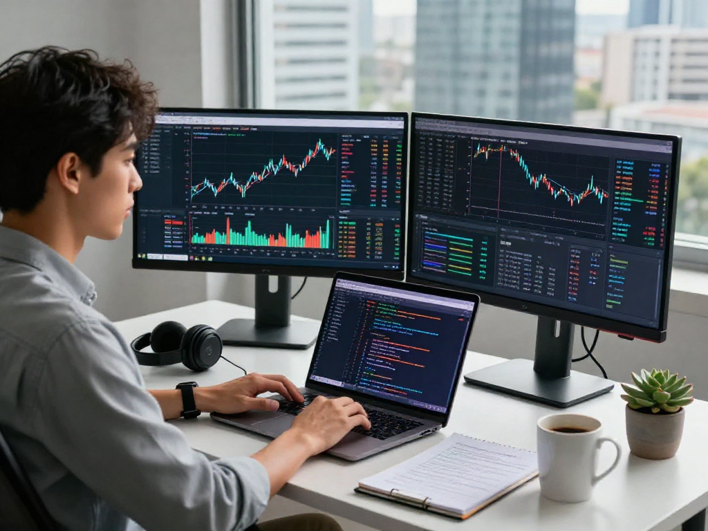 Developer coding quantitative trading data feed API in modern workspace.