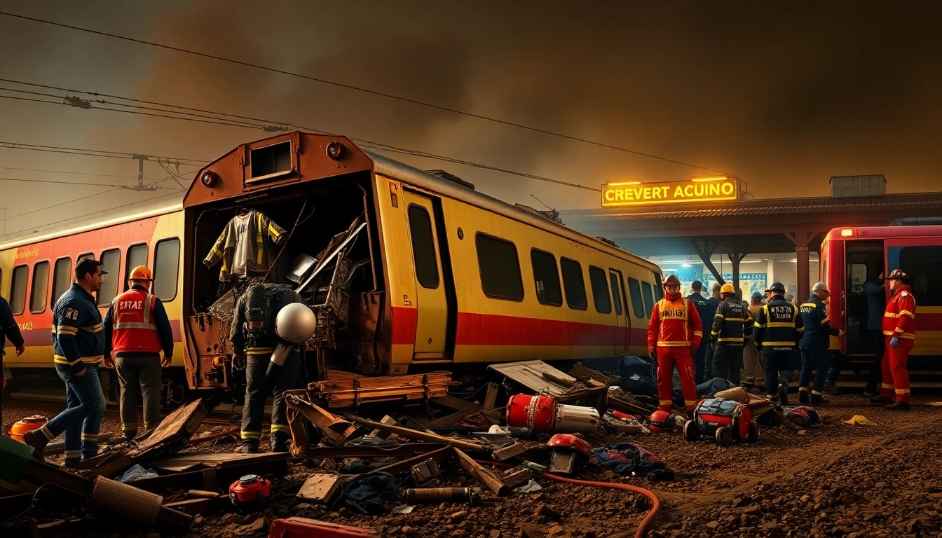 Spain train crash scene showing emergency responders assisting injured passengers.