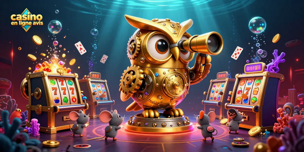 Illustration d'un hibou en or mécanique scrutant un casino, mettant en avant l'avis sur le casino en ligne.