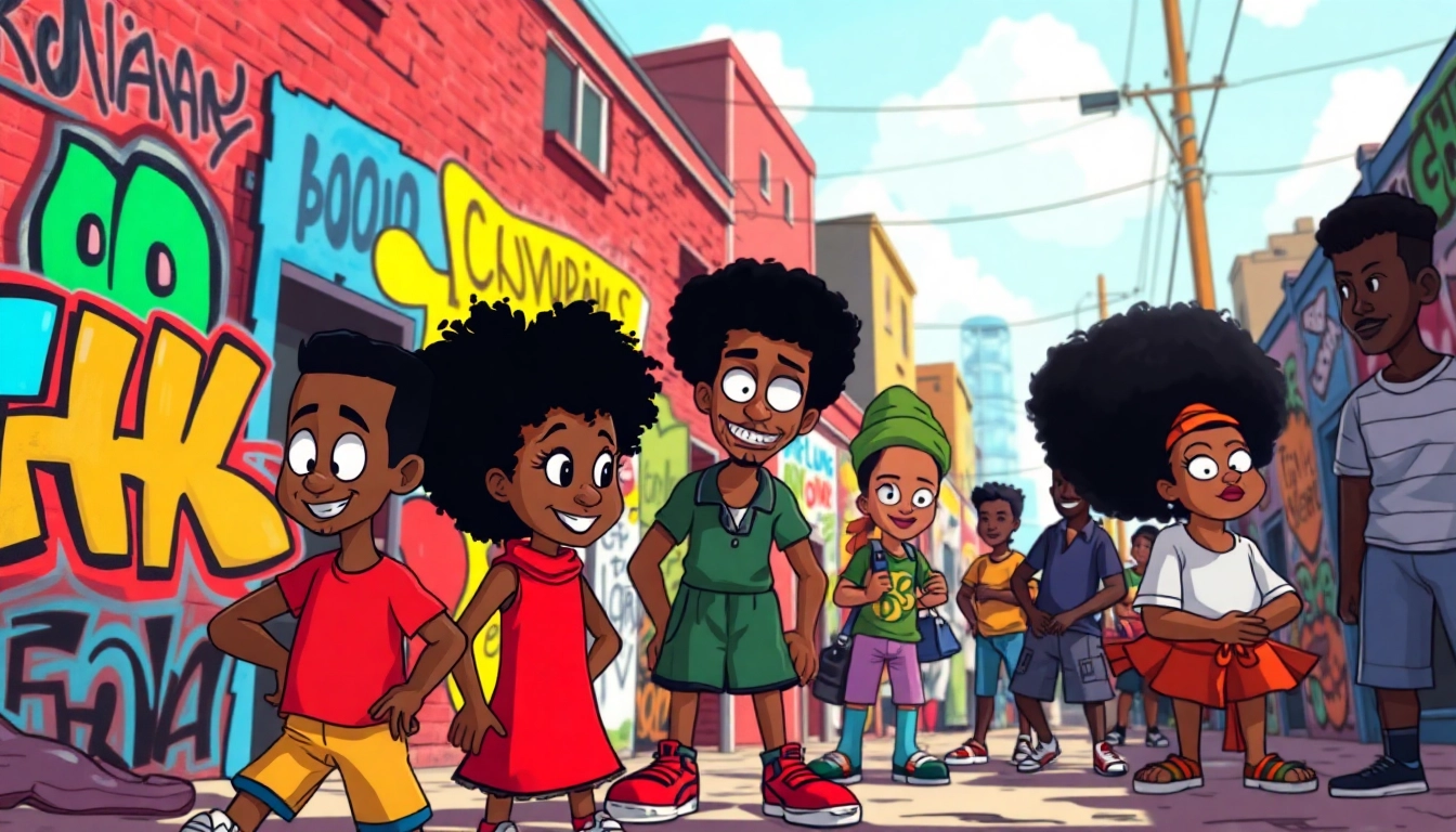 A vibrant scene featuring iconic African American cartoons characters like Huey Freeman and Penny Proud, showcasing creativity and culture.