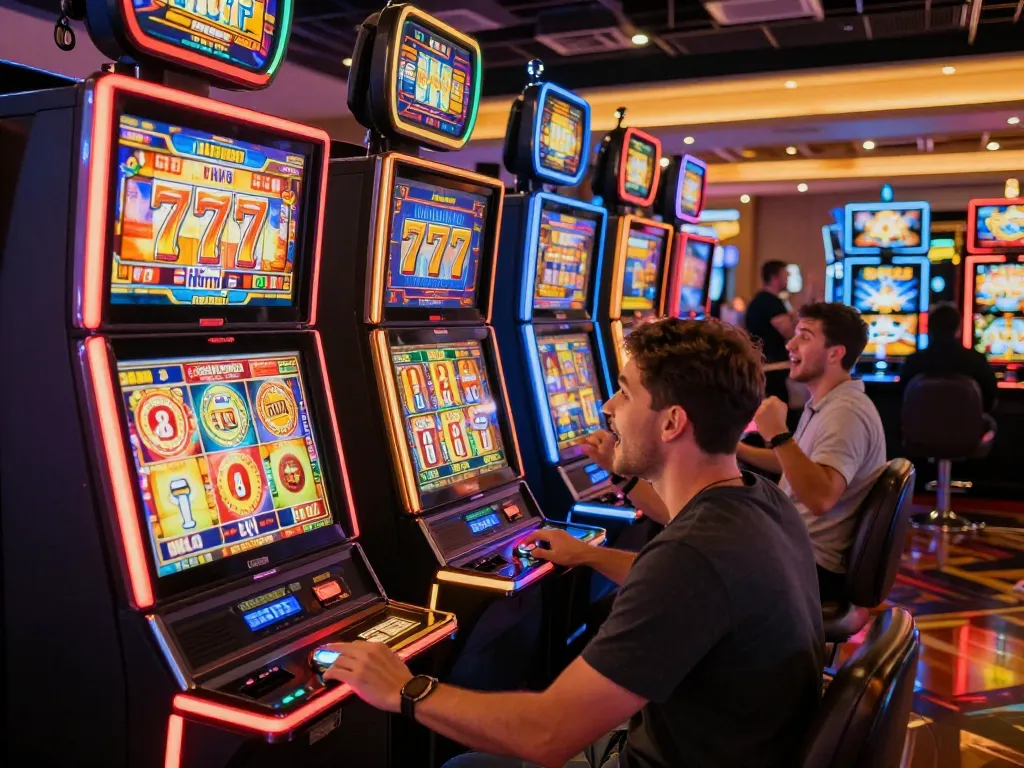 Players enjoying slot 777 action with vibrant machines and thrilling atmosphere in a casino.