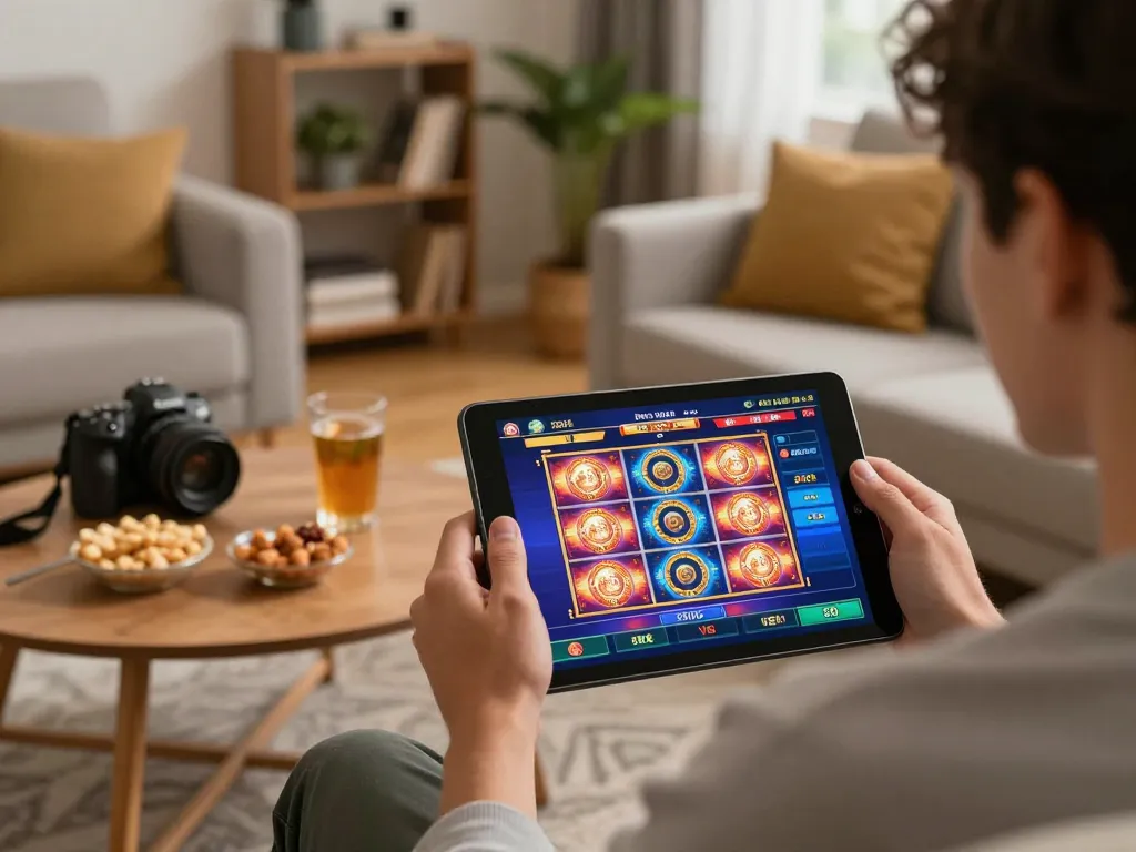 Player engaging with link slot gacor on tablet in a cozy home environment, demonstrating responsible online gambling.