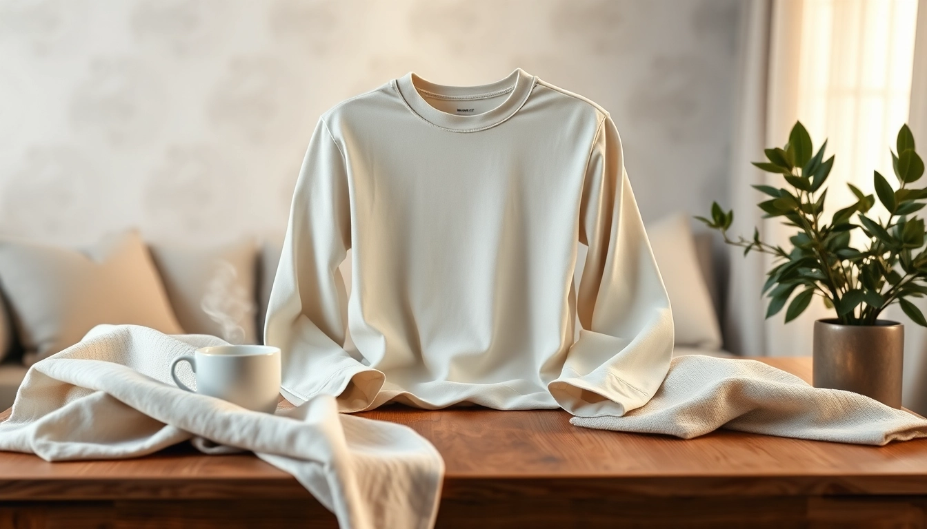Model wearing a blank crewneck in a cozy, stylish setting with soft natural lighting.