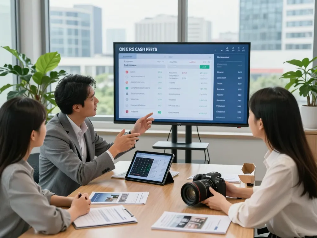 Nationwide investors group discussing property offers in a modern office with market data on screen.