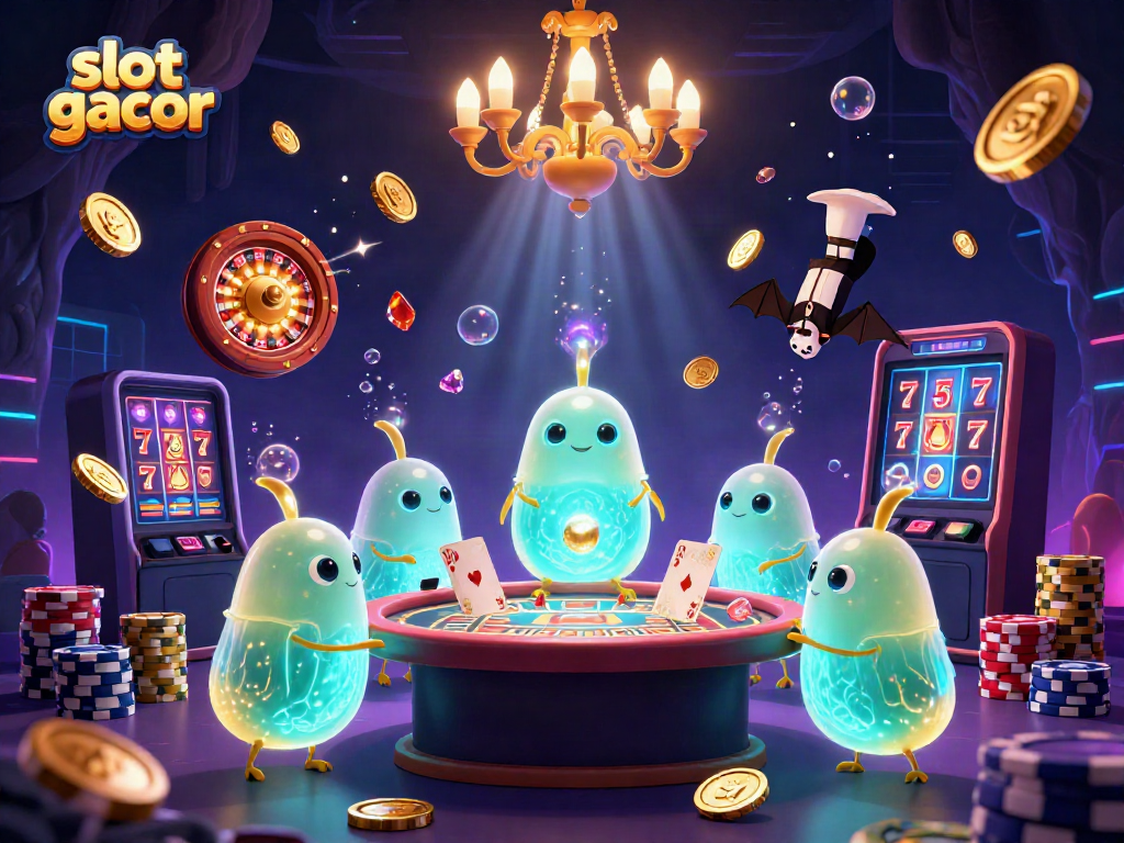 Experience the thrill of slot gacor illustrated in a vibrant cave casino, with glowing characters and dynamic gaming elements.