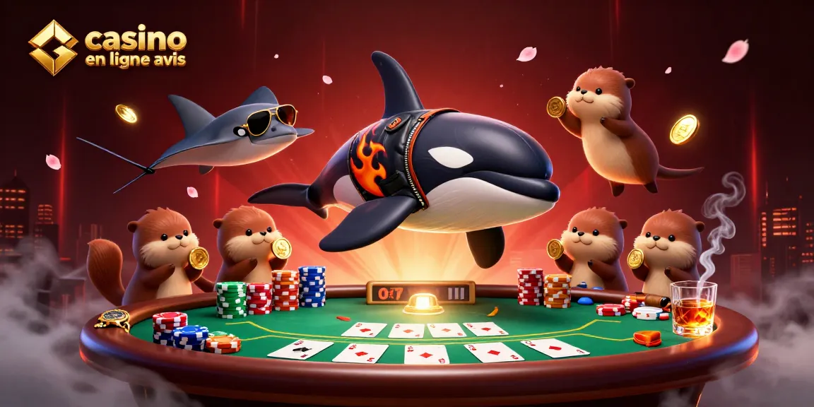 Illustration captivante sur les casinos en ligne avis, avec une baleine orque en cuir et des loutres dorées célébrant des gains.