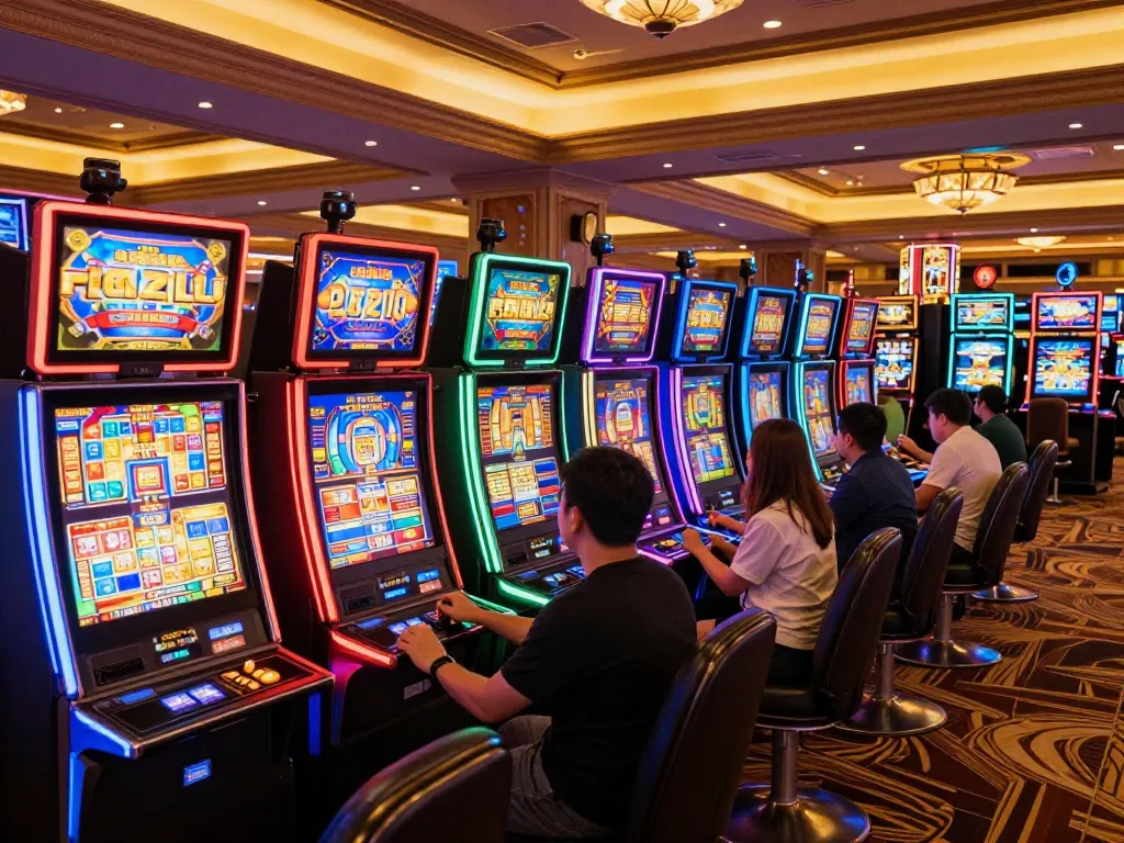 Exciting slot machine gameplay experience in a vibrant casino showcasing dynamic action and colorful lights.