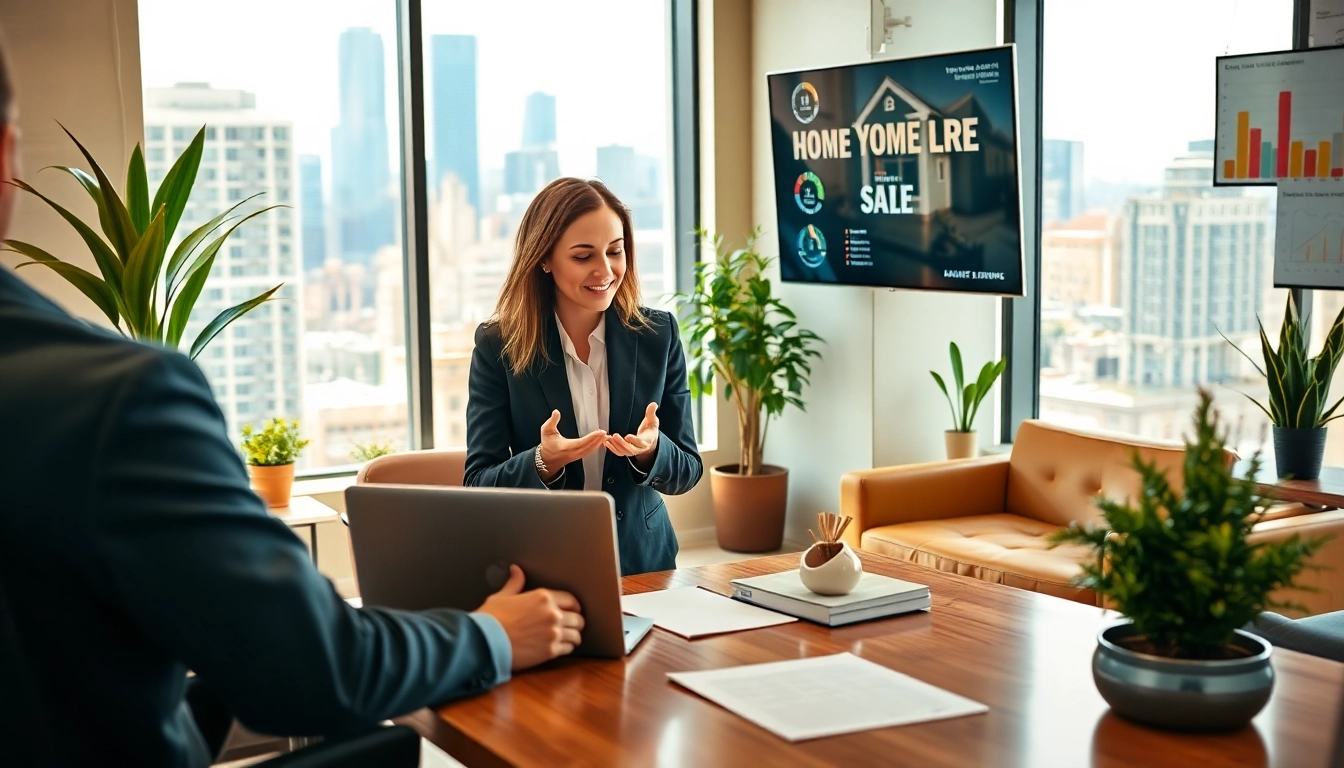 Real Estate agent presenting home listings in a vibrant office setting